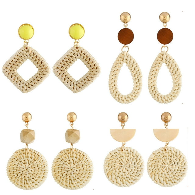 4 pares de pendientes de ratán con borlas tejidas, pendientes de aro trenzado, pendientes colgantes para mujeres y niñas