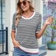 thumbnail image 5 of Camisas de Corta de Verano para Mujer, Suéter A Rayas, Lindas Blusas Casuales de Punto con Cuello Redondo A y Negro L, 5 of 9