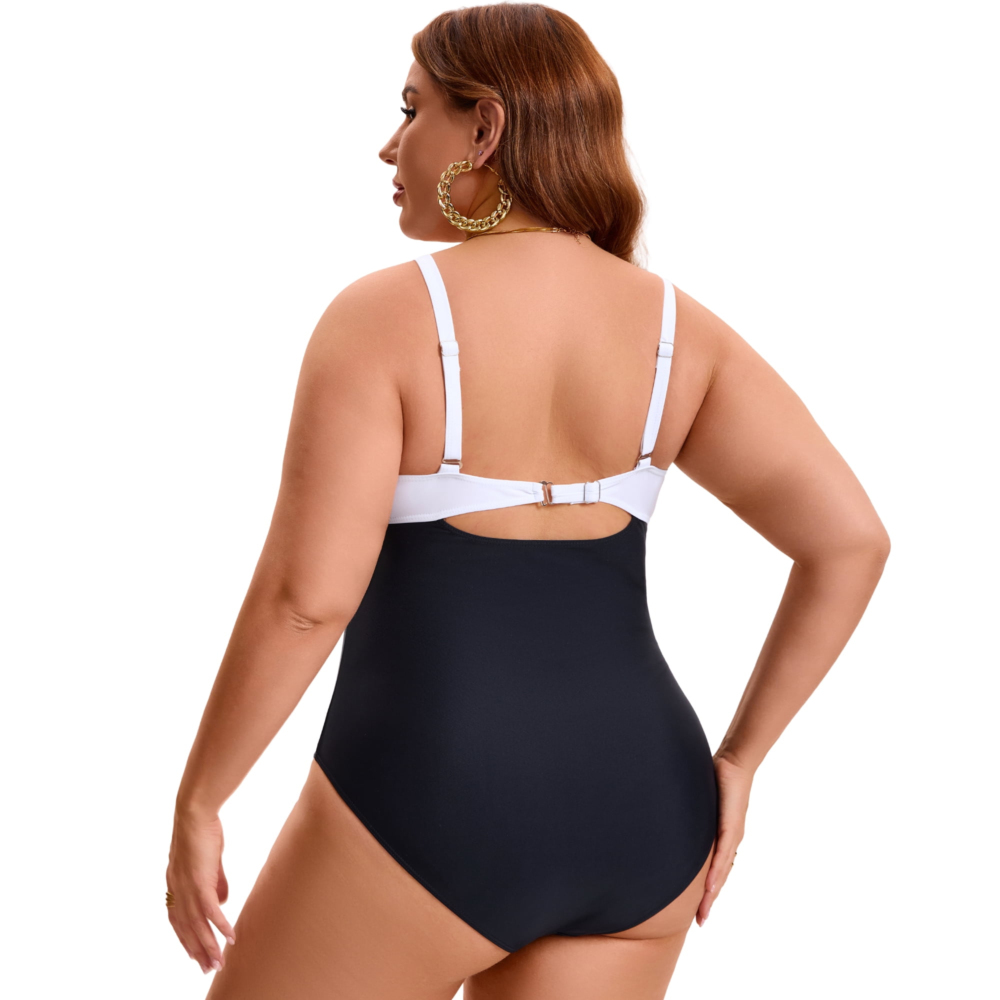 DARING DIVA Women's Plus 1 Piece Crisscross V-neck Swimsuit 1X Black White