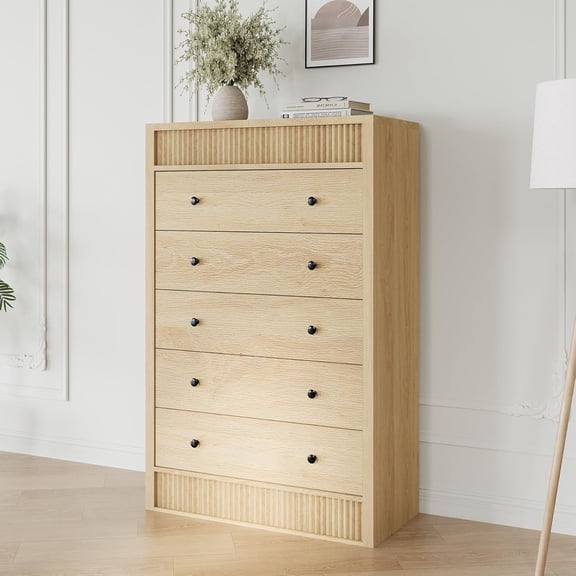 5 Drawer Tall Dresser for Bedroom, 31.5" Wide Fluted Chest of Drawers, Modern Wood Storage Cabinet for Kids Room, Hallway, Living Room, Natural Oak
