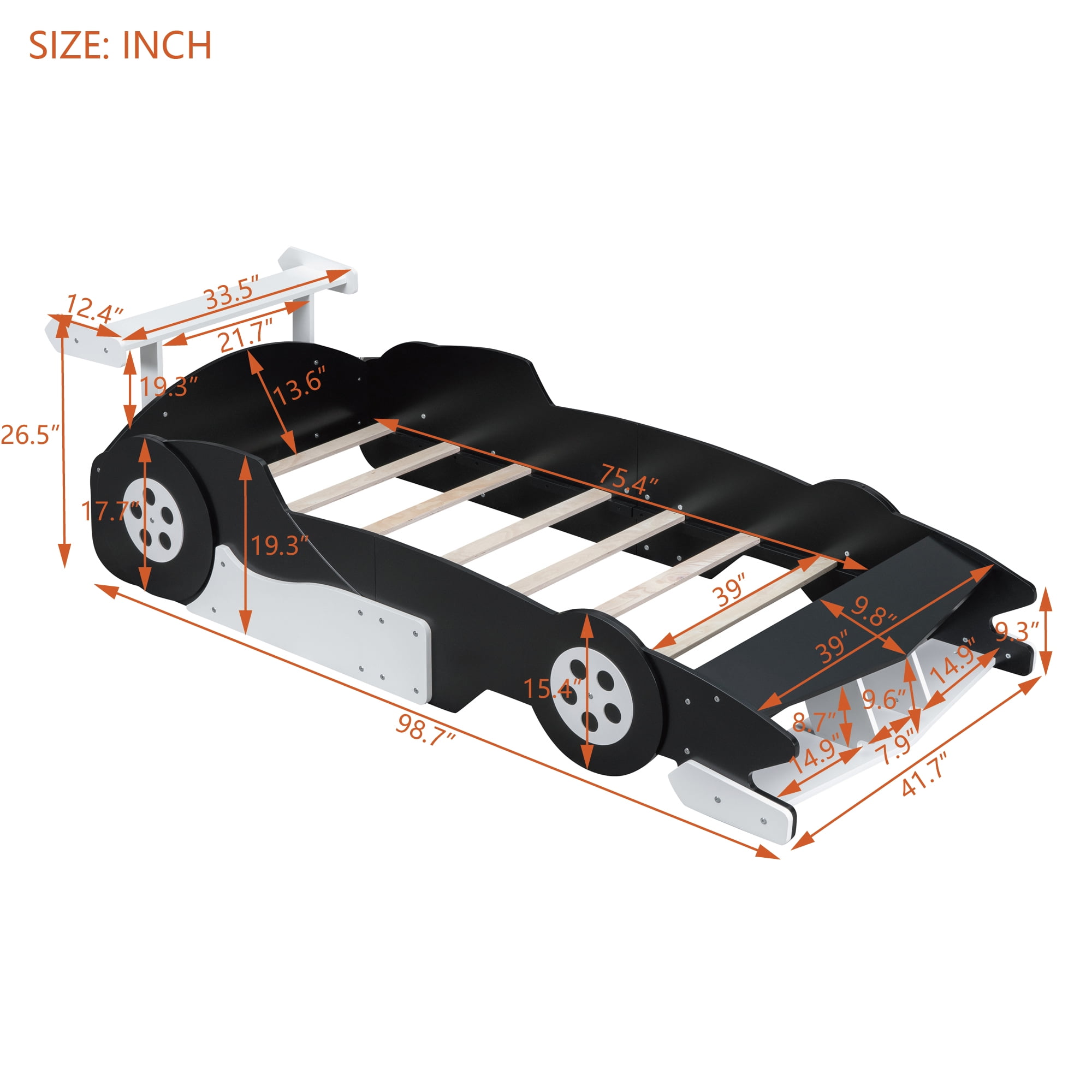 Aukfa Twin Size Race Car Bed for Kids/Toddlers, Wooden Car-Shaped Platform Bed with Wheels and Safety Guardrails, Black