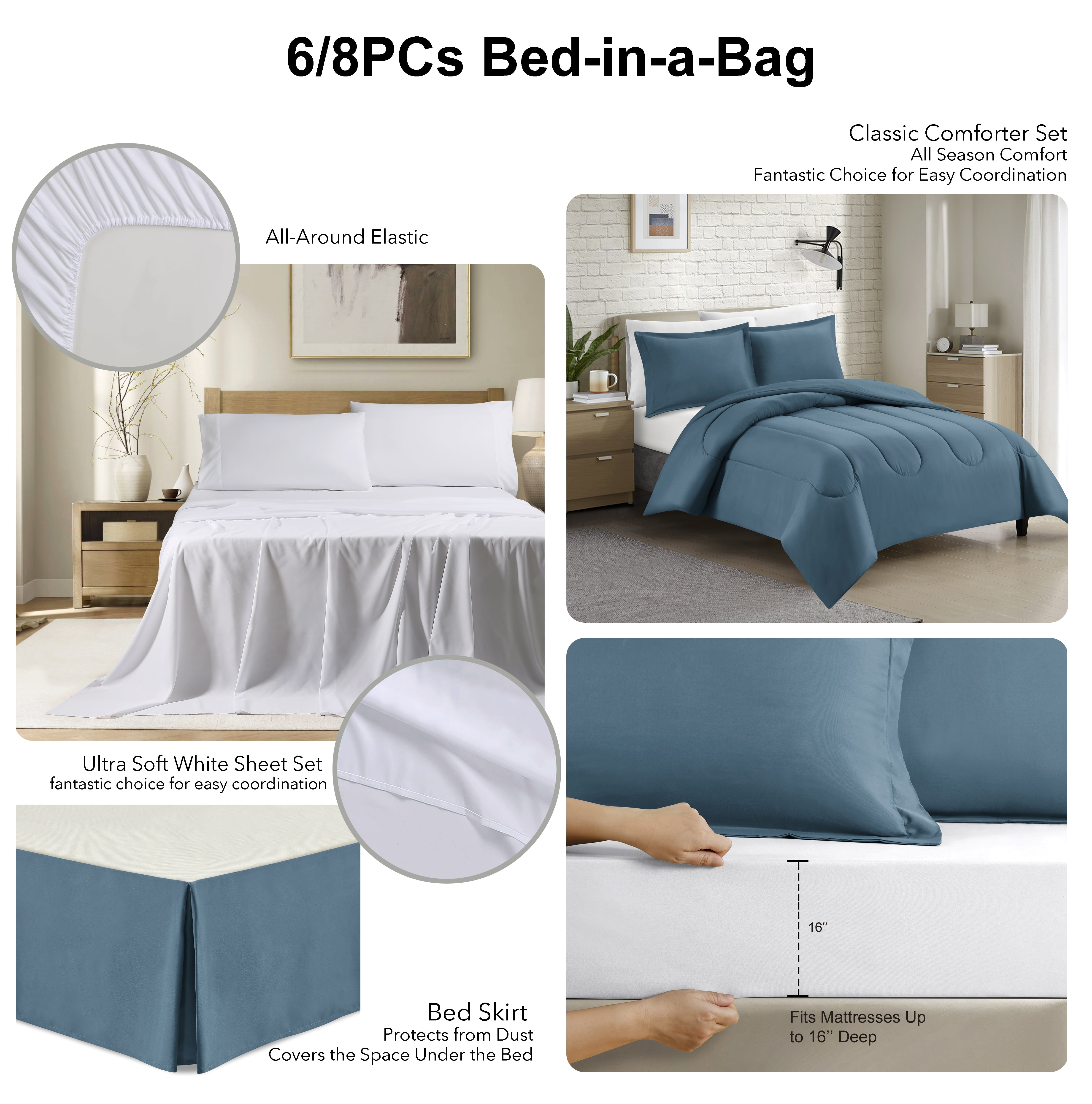 Swift Home Luxury 6 Piece Bed in a Bag, All Season Complete Bedding Set, Twin/ Twin XL, Light Blue