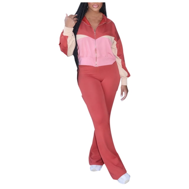 RXMEKW Color-Block Zipper Tracksuit Set for Women Polyester Casual Two-Piece Lounge Set Black