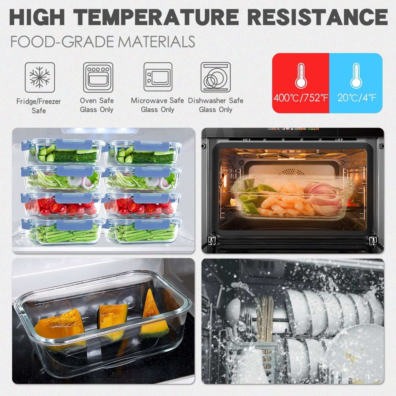 DFA 10 Pack Glass Food Storage Containers with Lids Leakproof, Airtight Glass Meal Prep Containers For Lunch, On The Go, Leftover, Dishwasher Safe