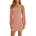 thumbnail image 1 of HAHDAXIA Women's Mesh Long Sleeve Square Neck Ruched Party Club Cocktail Bodycon Mini Dress, 1 of 6