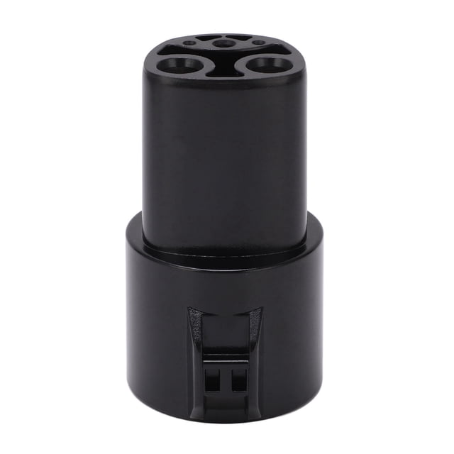 adaptador de carga bling bling 80a 240v profesional para tesla model 3 sxy reemplazo Tesla a J1772, vista frontal centrada del adaptador cilíndrico negro con tres orificios superiores y clip de enganche; termoplástico UL94 V-0, 80 A, 240 V CA, clase IP54, uso -30°C a 50°C. También suele usarse como adaptador móvil para estaciones públicas J1772 en viajes.