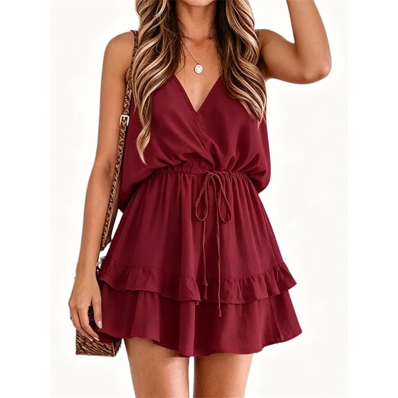 High Waist Tank Rompers V Neck Beach Womens Flowy Ruffle Layered Shorts Jumpsuit