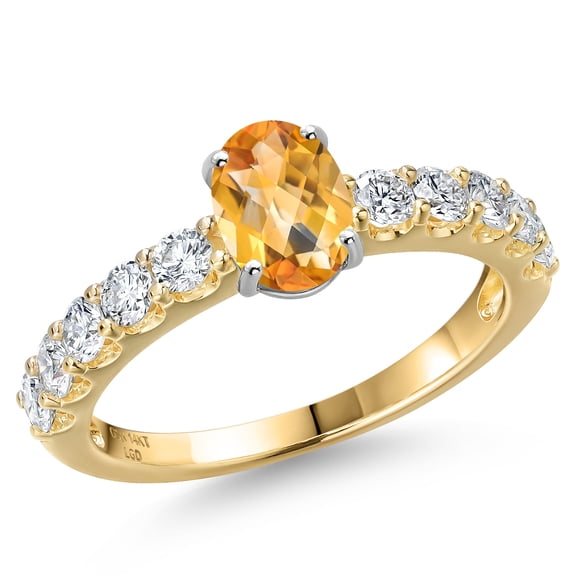 Gem Stone King 14K Two Tone Gold Yellow Citrine and Lab Grown Diamond Engagement Ring for Women | 1.38 Cttw | Oval Checkerboard 7X5MM | Gemstone November Birthstone | Size 5