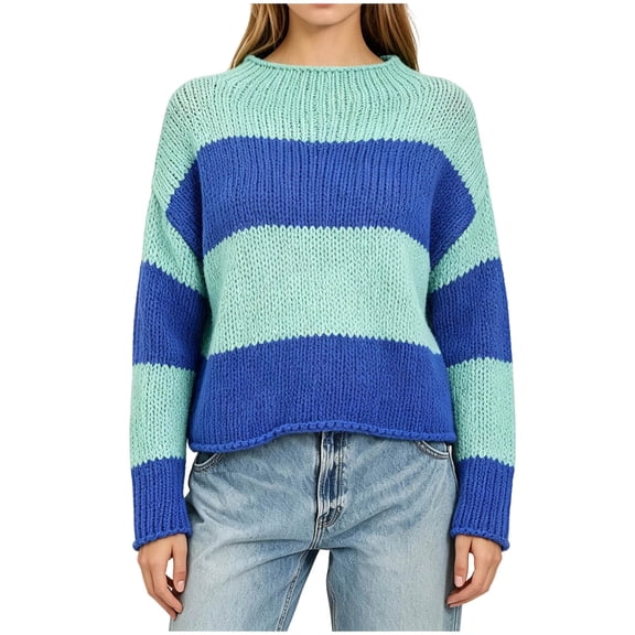 Fewfanhot Fall Sweaters for Women Striped Mock Neck Fall Knit Color Block Long Sleeve Warm Winter Loose Fit Sweater