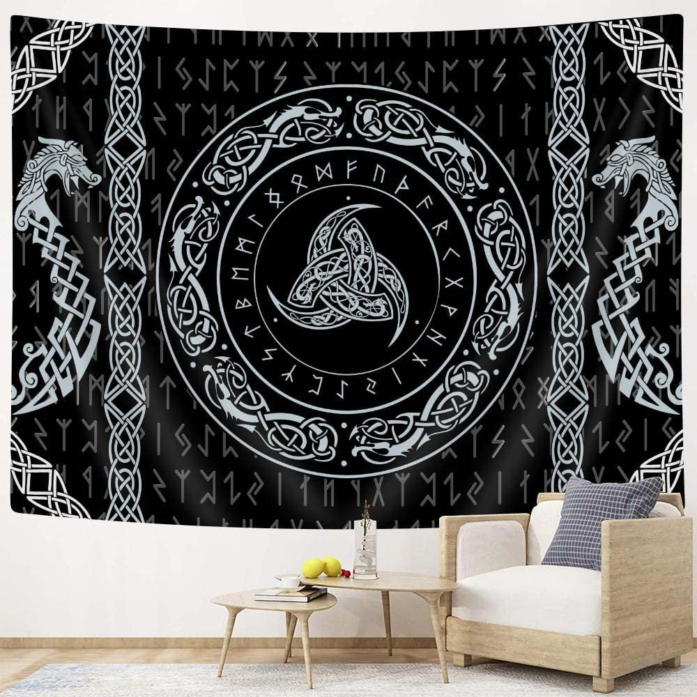 Viking Art Tapestry, Raven Ancient Rune Dragon Totem Norse Mythology ...