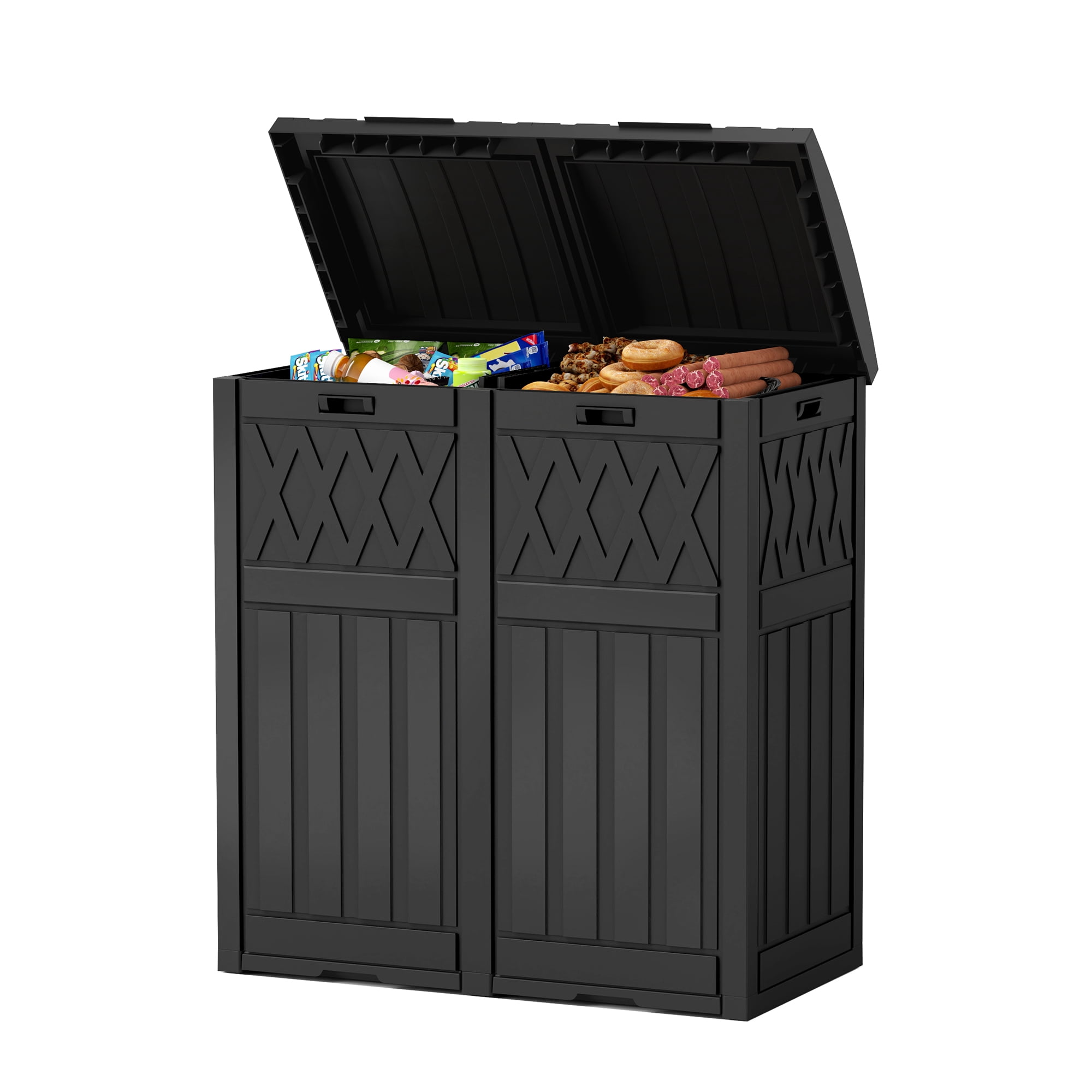 Uforic 61 Gallon Large Double-Bin Trash Can, Weatherproof Waste Bin with Tiered Lid & Drip Tray, Outdoor Garbage Bin ,for Porch, Backyard, Black