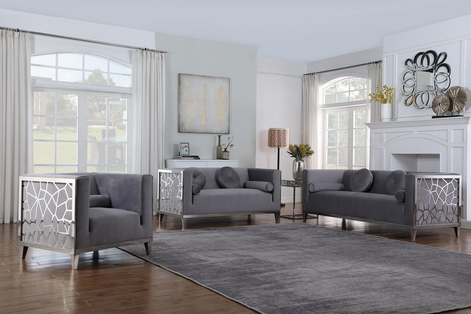 K-Living Darlene Grey Plush Velvet Sofa Set with Chrome Stainless Steel Detailing on Arm Sides (Includes Sofa, Loveseat and Chair)
