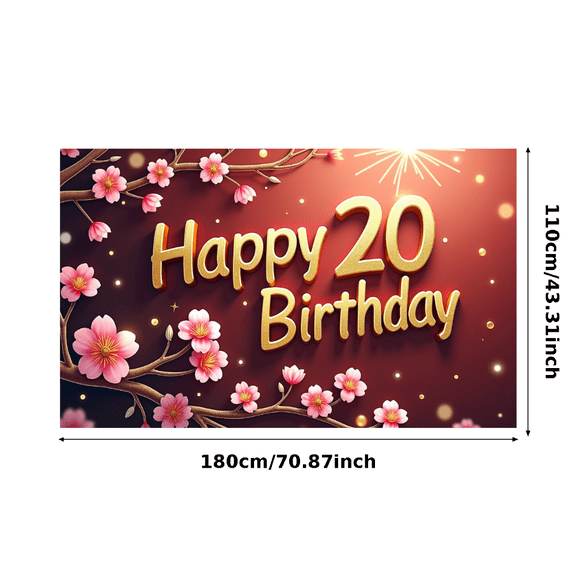 Pink Cherry Blossom Themed Happy 20 Birthday Banner Backdrop Background Party Decoration Supplies for Birthday Party Photography Props Celebrations