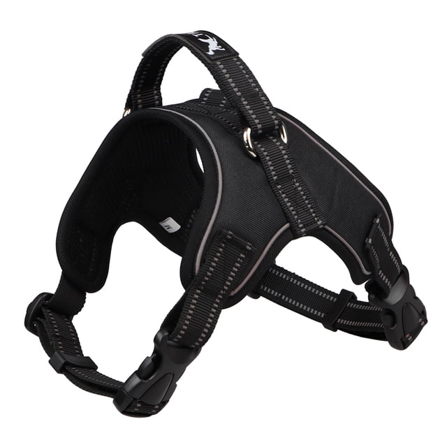 arnés suave ajustable reflectante para perros sunnimix chaleco transpirable xxl arnés tipo chaleco negro con acolchado suave en pecho y vientre, correas ajustables con hebillas de liberación rápida, anillas metálicas para enganchar correa y costuras reflectantes; también suele usarse para paseos y entrenamiento diario.