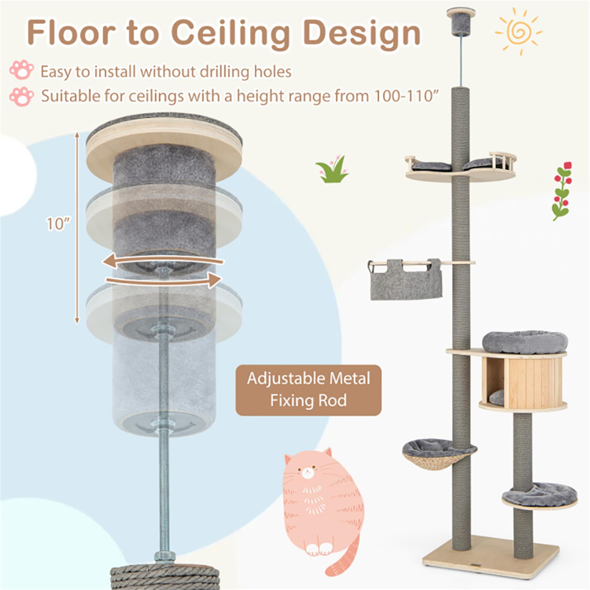 resenkos Floor to Ceiling Cat Tree Ajustable Height 100"-110", 6 Tiers Tower with Cat Condo Hammock and Sisal Covered Post for Indoor Cats, Gray