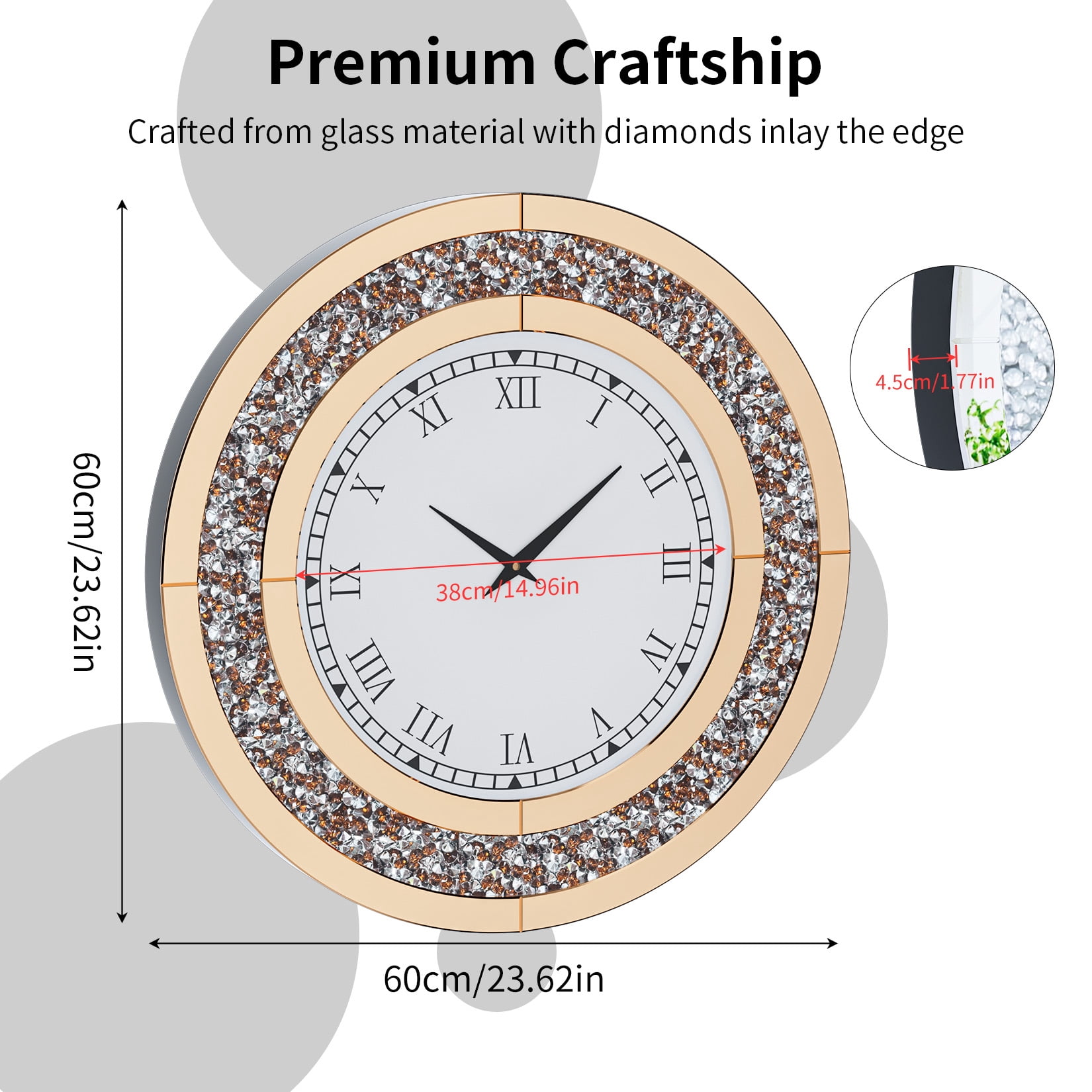 LUVODI 24 inch Rround Crushed Diamond Wall Clock Silver Beveled Mirrored Clock for Wall Living Room Decor