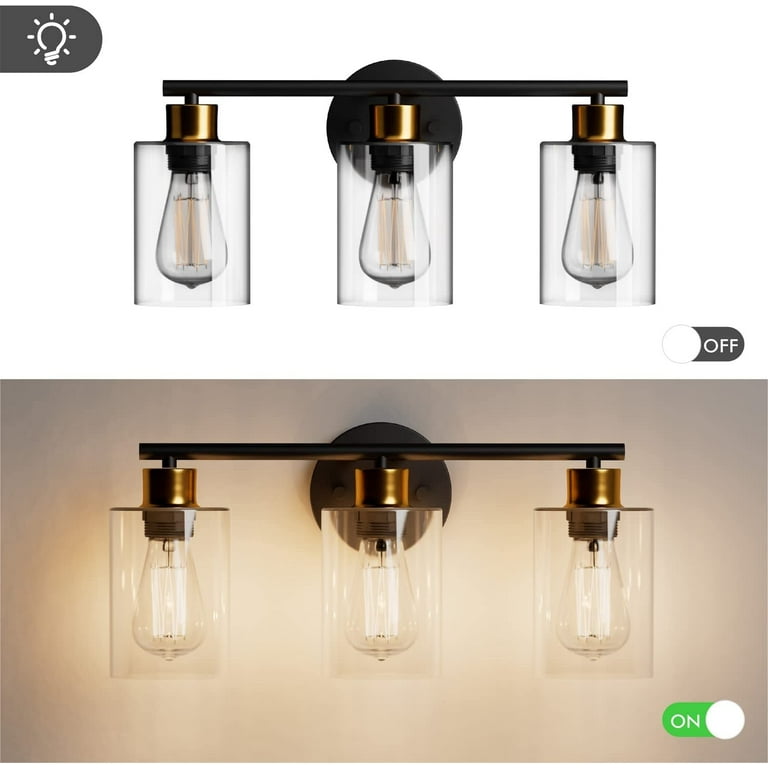 3 Light Bathroom Vanity Light Fixtures Black and Gold Vanity Lights 3 Bulb Modern Wall Lighting Over Mirror Matte Sconce with Clear Glass Shade for