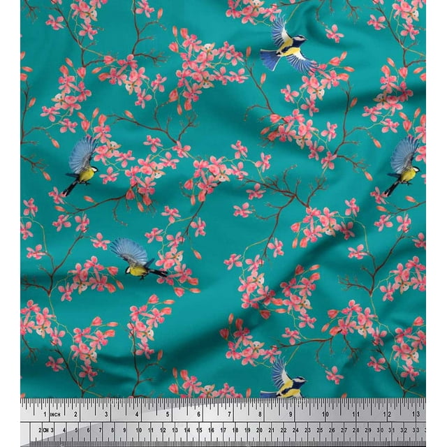Soimoi Velvet Fabric Floral & Blue Tit Bird Print Fabric by Yard 58 Inch Wide