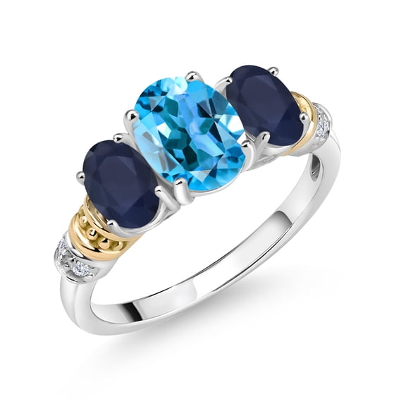 Gem Stone King 925 Sterling Silver and 10K Yellow Gold Oval Swiss Blue Topaz Blue Sapphire and White Diamond 3 Stone Ring for Women (2.64 Cttw, Gemstone November Birthstone, Size 8)
