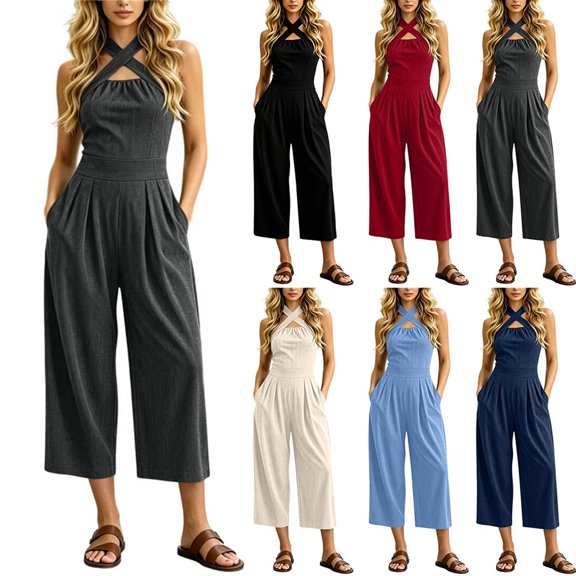 PBFRDSJ Capri Jumpsuits for Women Cross-Neck Halter Corduroy Jumpsuit Sleeveless Cut Out Neck Solid Color Romper with Pockets