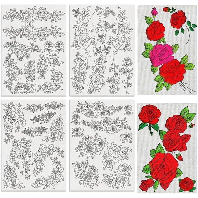 4 Sheets Roses Sewing Embroidery Stabilizers 42pcs Flowers Embroidery Paper with Pre-Printed Water Soluble Stabilizer for Embroidery Hand Sewing Lover Beginners