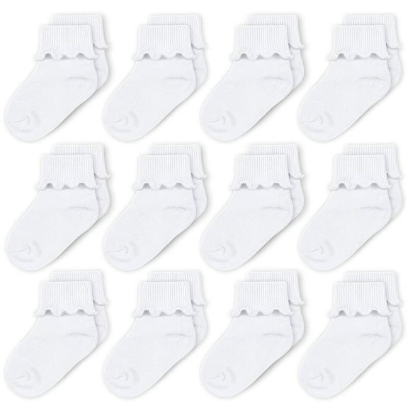 CozyWay Baby Ruffle Socks - Stay-Put Cuff Baby Socks - Reinforced Toe for Toddler Girls - Breathable Cotton Ruffle Design for Toddlers - 9-24 Months, White, Pack of 12