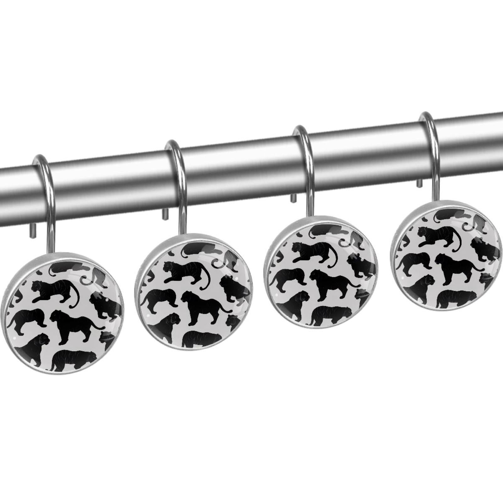 Tigers Silhouette Shower Curtain Hooks Round Crystal Glass, Set of 12 Shower Curtain Rings - Shower Hooks for Curtain Shower Rings