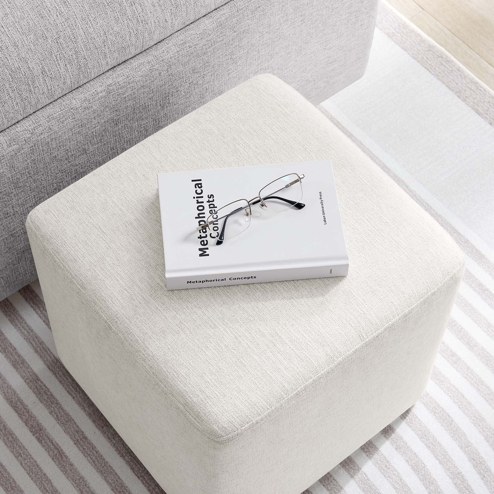Callum 17" Square Woven Heathered Fabric Ottoman in Heathered Weave Ivory