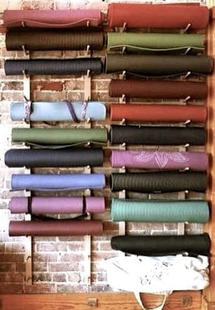 Foam Roller & Yoga Mat Storage Rack. Holds 4, 8, 12 etc. Modular (Sold by The Pairs and no. of Pairs You get Determines no. of mats/Rollers You Hold). Easy Wall Mount. Hardware Included. Black.