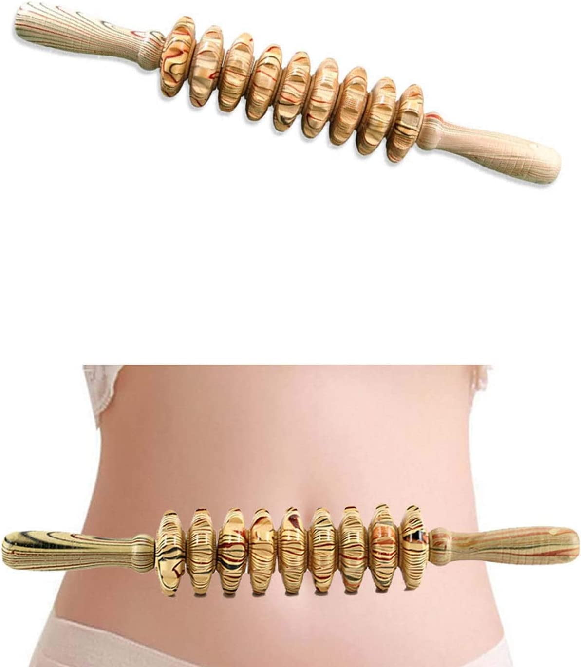 1 PCS Wood Therapy Massage Stick, 9Wheel AbdomenMassager Tools