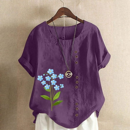 QUNYINEY Crew Neck Tee Shirts Womens Short Sleeve Casual Floral Tops Plus Size Cotton Linen Loose Pullover Tops for Women Trendy