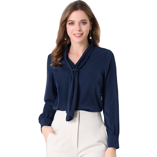 Blusa Elegante De Oficina De Trabajo Para Mujer, Camisa Plisada Con Cuello De Lazo Y Manga Larga Azul marino S