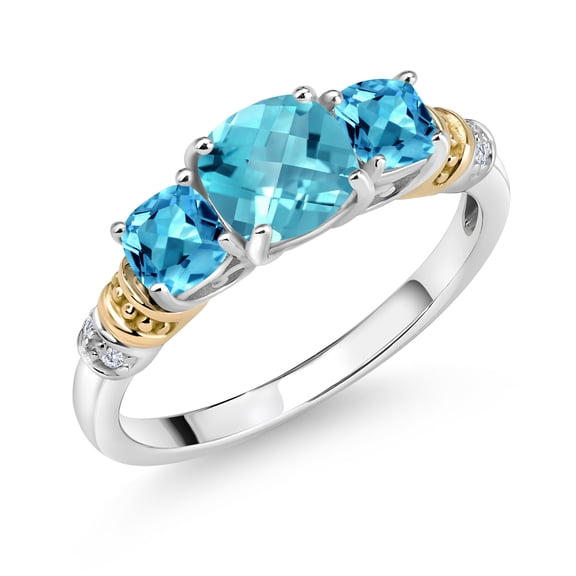 Gem Stone King 925 Silver and 10K Yellow Gold Swiss Blue Topaz and Diamond 3-Stone Ring for Women (1.87 Cttw, Gemstone November Birthstone, Cushion Checkerboard 6MM and 4MM, Size 7)
