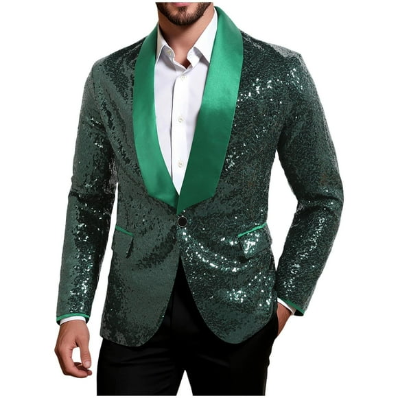 Lovzfmll Men's Sequin Blazer Slim Fit Formal Suit Jacket Green, XL