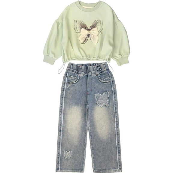Peacolate 4Y-10Y Spring Fall T Shirt Sets Little&Big Girls Green Pullover Long Sleeve T Shirt and Embroider Butterfly Jeans Clothing Set for Kids,Green,4-5Years