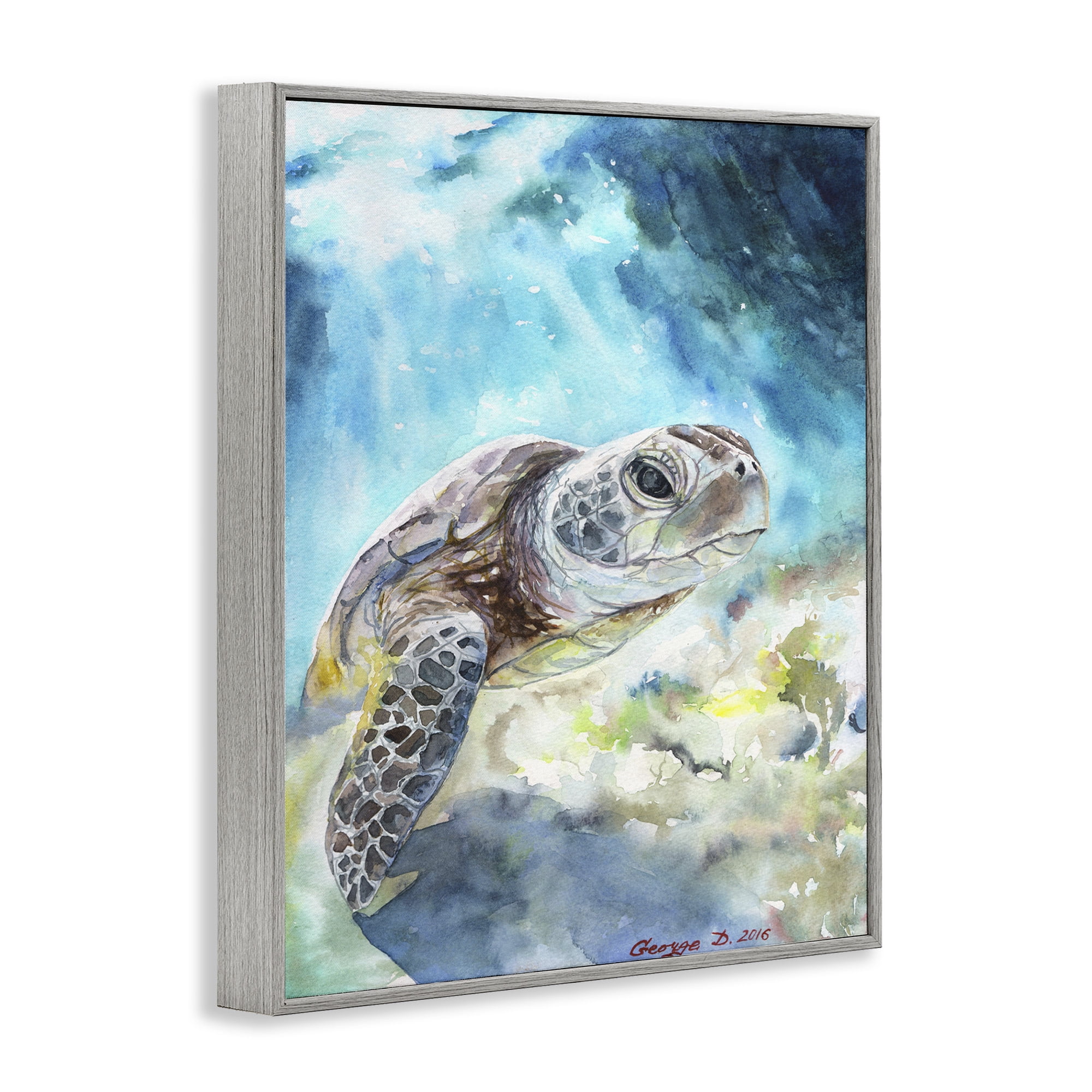 Stupell Industries Sea Turtle Ocean Watercolor Animals & Insects Painting Gray Framed Art Print Wall Art, 24 x 30