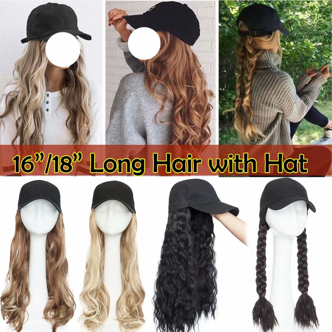 SEGO Baseball Hat with Synthetic Hair Extension Long Wavy hair