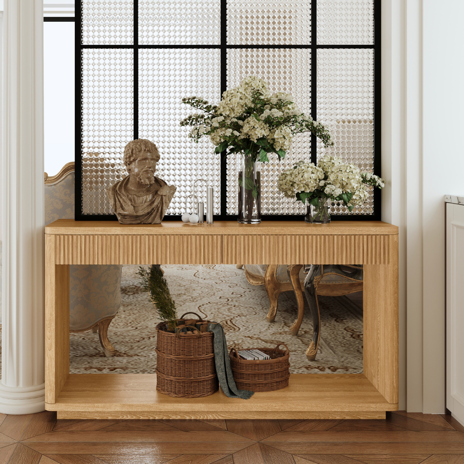 60" Fluted Console Table with 2 Drawers, Modern Sofa Table Behind Couch with Open Storage Shelf, 2 Tier Entryway Table for Living Room, Hallway, Natural