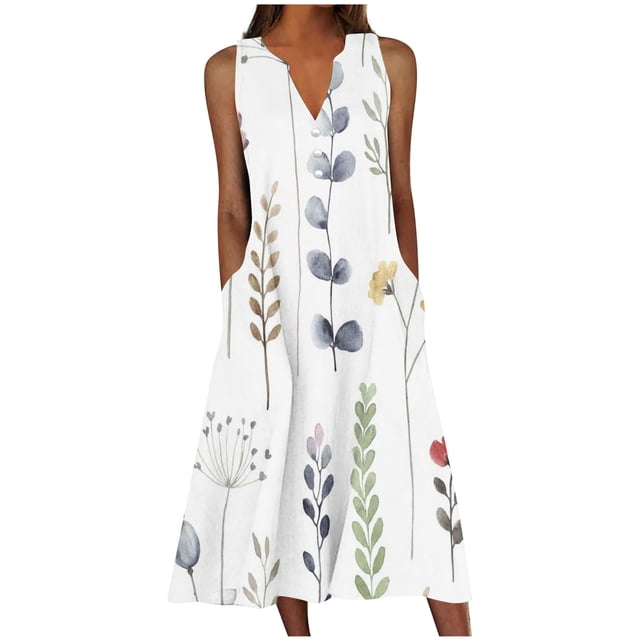 bbymog Robes pour Femmes Grande Taille Robes d'Été Mode Imprimé Floral Col en V Sans Manches Robe de Plage Décontractée Robes d'Été pour Femmes Bleu Marine TTTTG