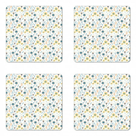 

Floral Coaster Set of 4 Doodle Style Flowers Botanical Square Hardboard Gloss Coasters Standard Size White Multicolor by Ambesonne