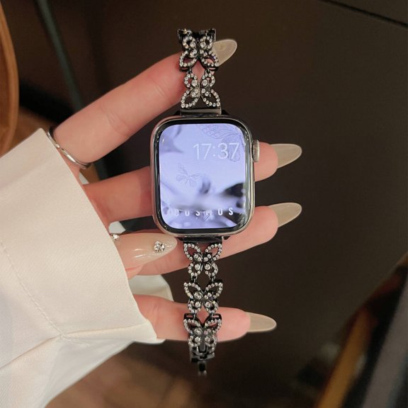 Butterfly Bracelet Compatible with Apple Watch Bands 41mm/40mm/38mm Slim Bling Jewelry Metal Strap, Shiny Diamond Wristband Replacement for iWatch Series 8/7/SE/6/5/4/3/2/1,Black
