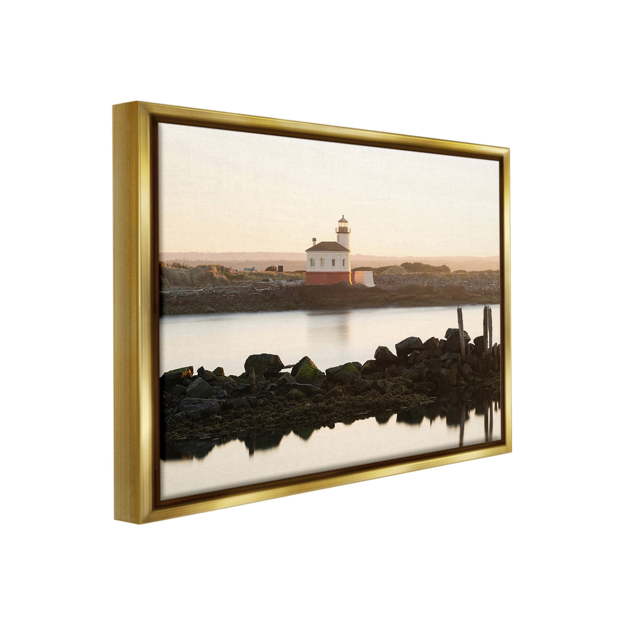 Stupell Industries Lighthouse with Soft Sunlight Landscape Photography Gold Floater Framed Canvas Art Print Wall Art, 21 x 17