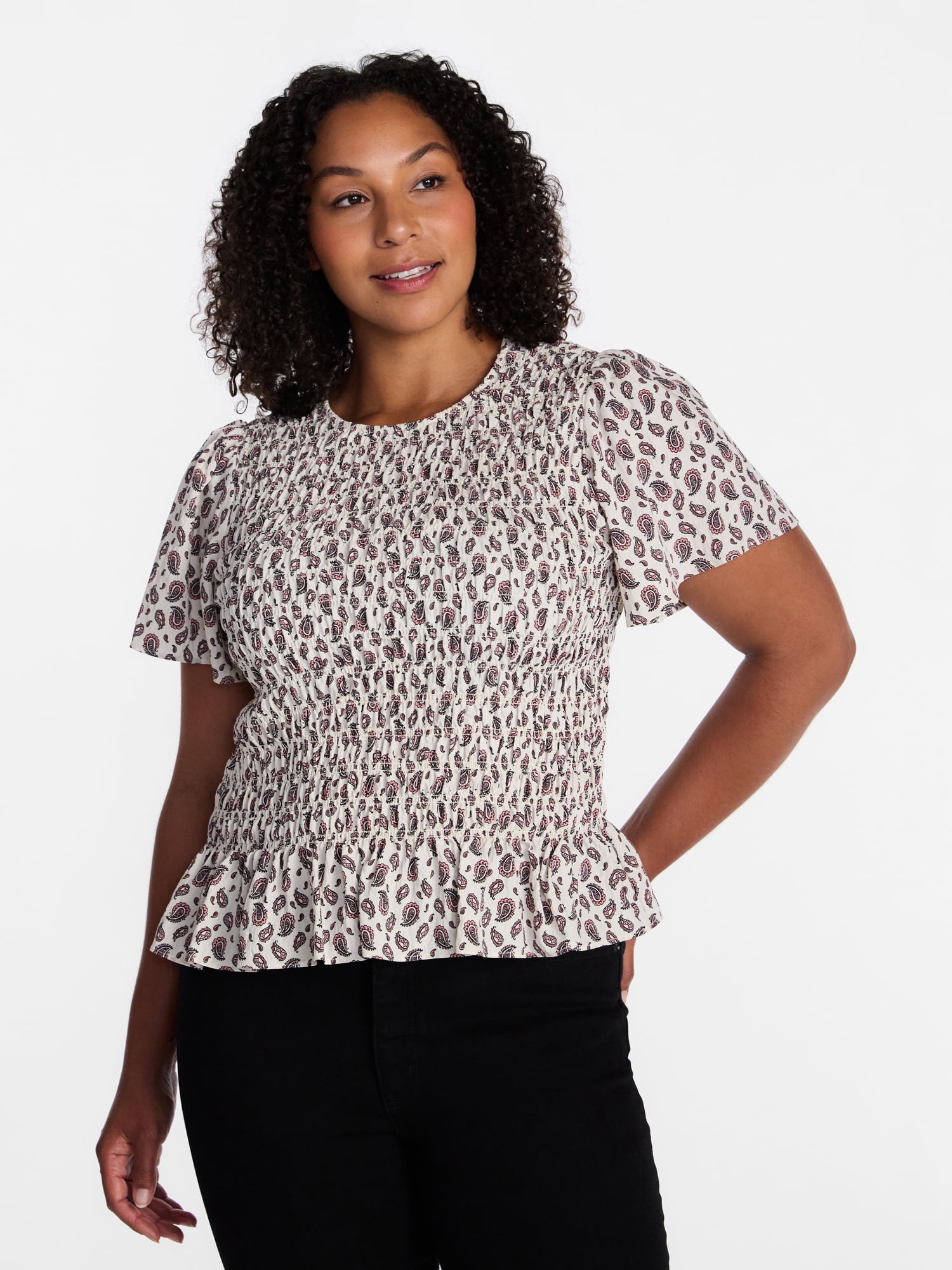 Time and Tru Women's Smocked Top with Short Puff Sleeves, Sizes XS-XXXL