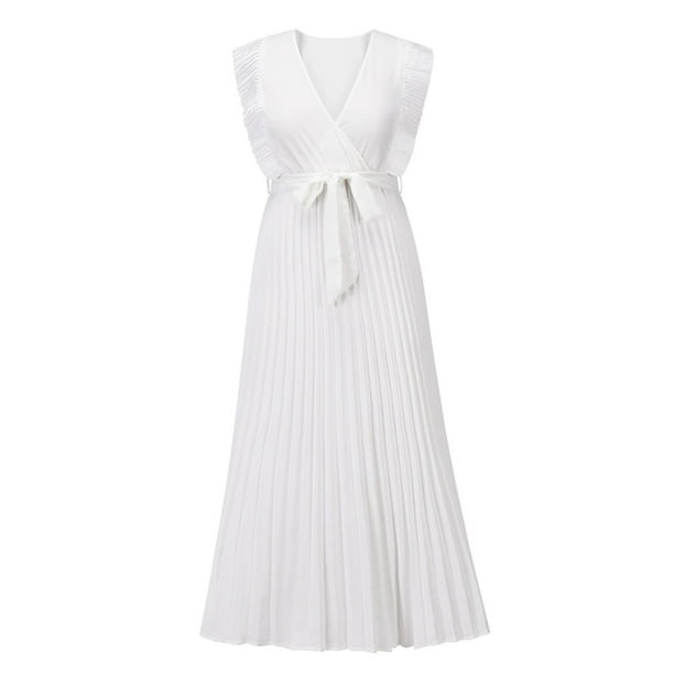 Vestido de playa plisado de gasa para mujer - Manga con volantes, corte ajustado, color liso, tallas S-XXL, para fiestas de verano/bodas, largo 140 cm