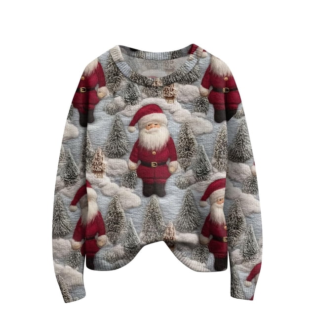 Chandails de Noël pour Femmes Mignons à Imprimé de Noël Chandails à Enfiler Chemises Chaudes Col Rond Chandails Noël Hiver Fête Hiver Vêtements Mode de Noël