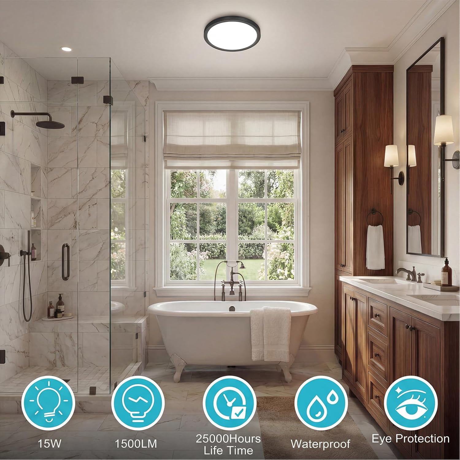 RGHJAR-7 inch Flush Mount LED Ceiling Light Fixture, 3000K-6500K Adjustable, 15W 1500lm Black Satin Round Ceiling Lamp for Bathroom Hallway Kitchen Bedroom, 1 Pack