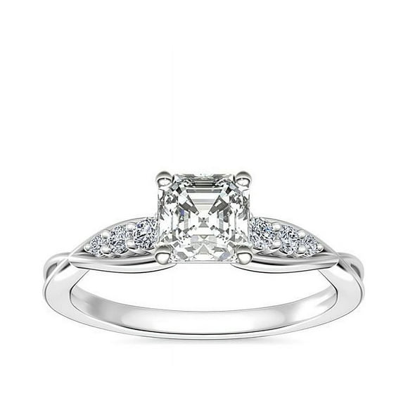 0.65 Ct Brilliant Asscher Cut Natural Diamond Asscher Solitaire with Accents Engagement Ring for her Solid 18K White Gold Size 5.5