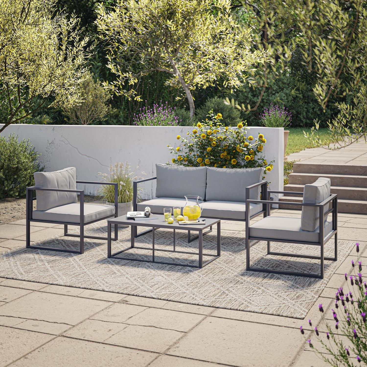 CorLiving Delia 4-Piece Rust Resistant Heavy-Duty Steel Frame Patio Conversation Set with Chairs and Loveseat with Cushions, and Coffee Table