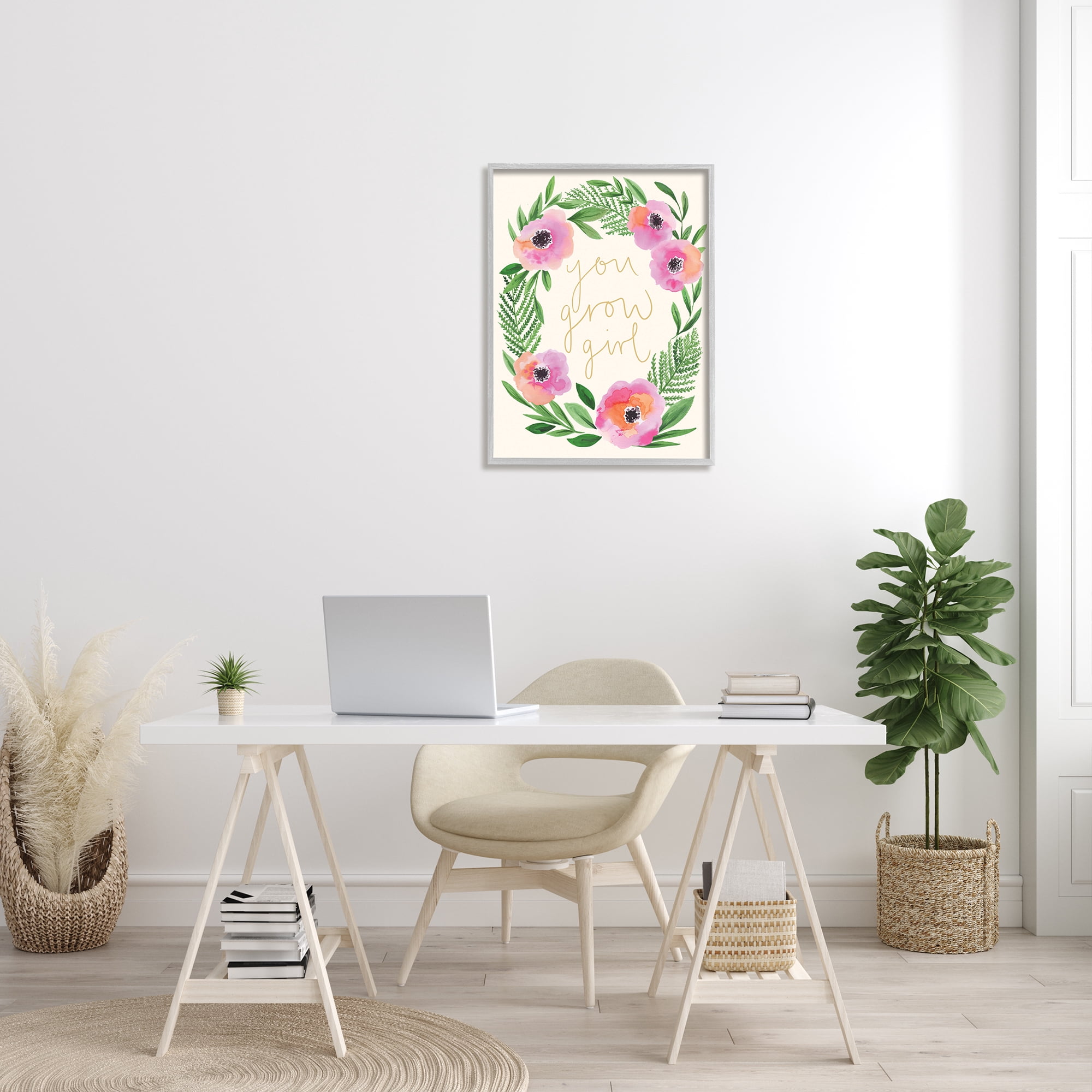 Stupell Industries You Grow Girl Phrase Blushing Pink Orange Florals Modern Painting Gray Framed Art Print Wall Art, 24 x 30, Design by Heather McLaughlin