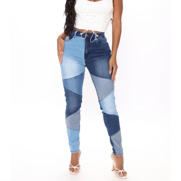 Pantalones vaqueros de empalme de cintura alta para mujer, pantalones casuales delgados, ropa de calle Vintage, pantalones vaqueros ajustados de retazos para mujer